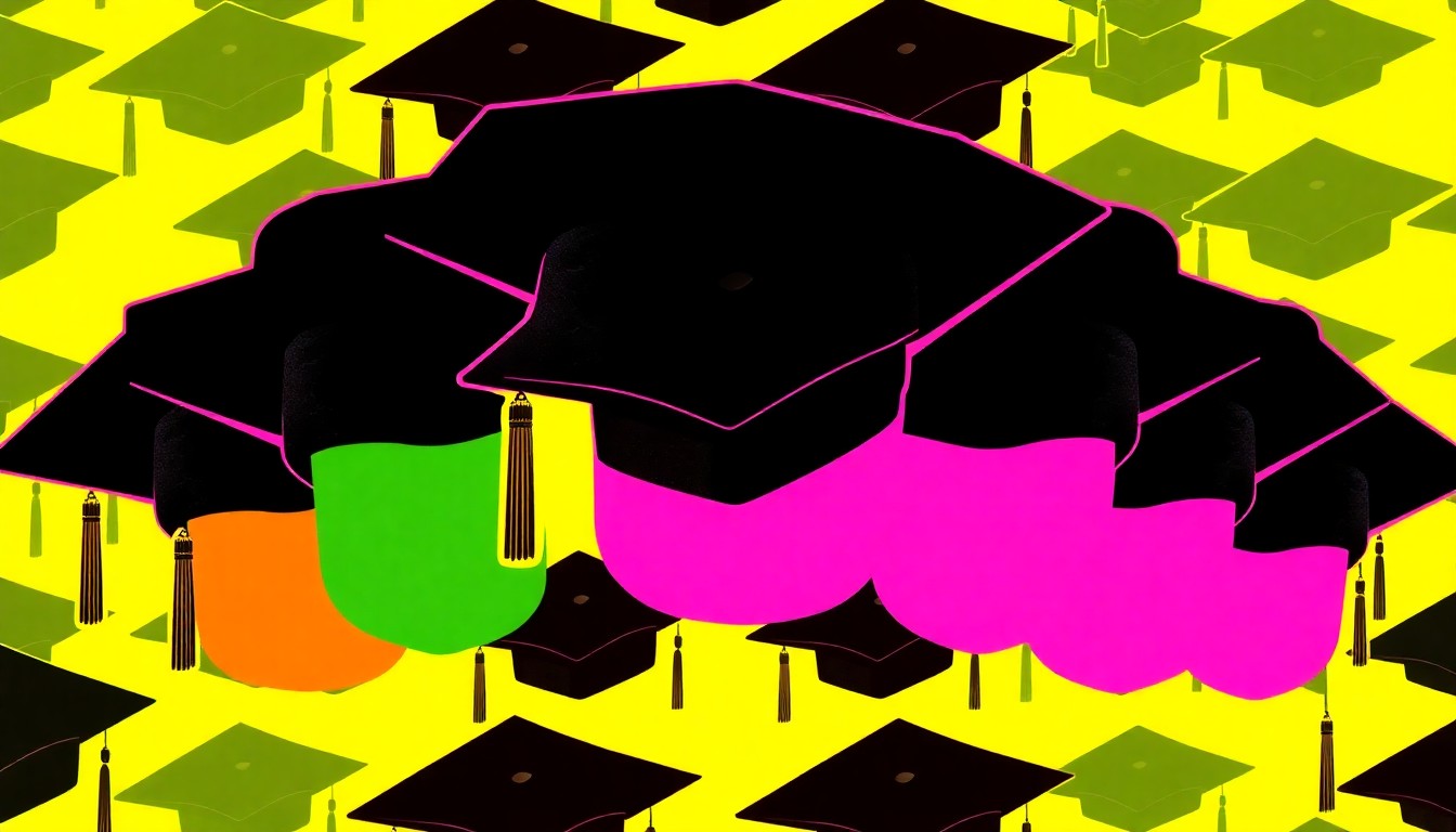 A brightly colored, high-contrast silkscreen print featuring a repeating pattern of mortar board graduation caps in neon shades of pink, green, and blue, with heavy black outlines, conceptually representing the financial realities of university leadership.