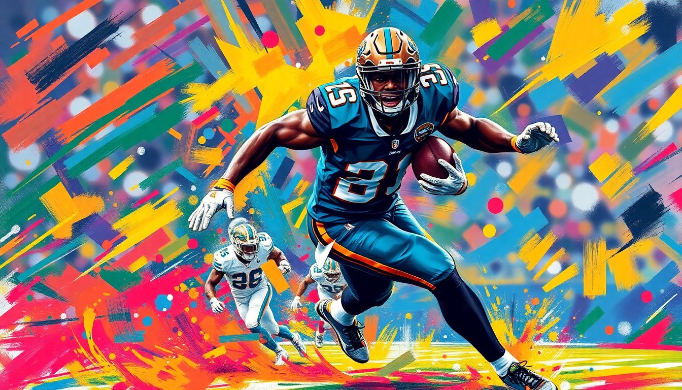 An abstract, expressionist painting featuring bold, neon-colored brushstrokes that capture the raw power and energy of a football player making a powerful tackle or sack, conveying the high-stakes nature of Travon Walker's massive contract extension with the Jacksonville Jaguars.