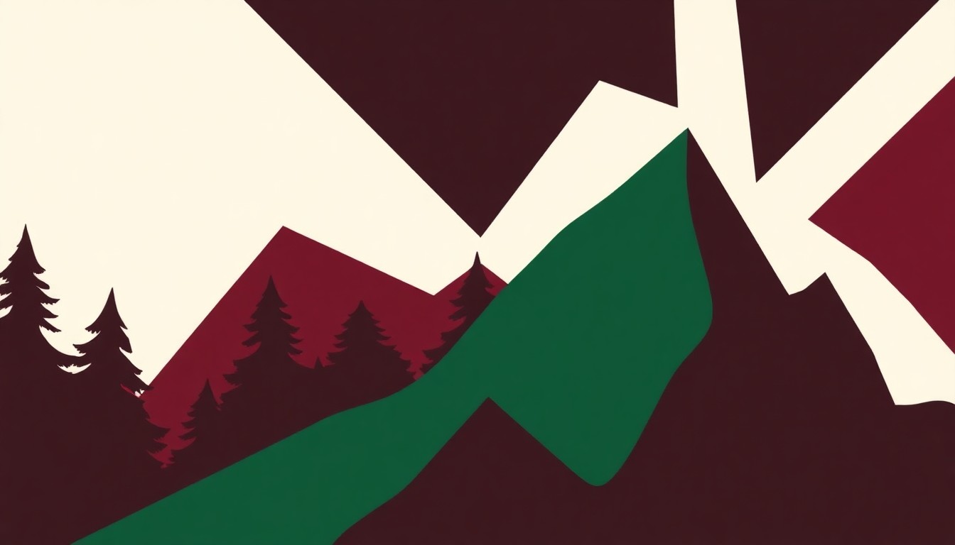 An abstract, minimalist composition of jagged, overlapping geometric shapes in deep burgundy, forest green, and charcoal grey, evoking the rich tapestry of voices and themes explored in Studs Terkel's radio program celebrating Shakespeare.