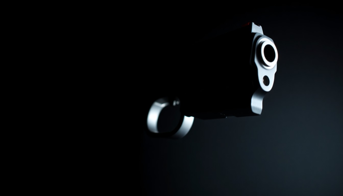 An extreme close-up of a loaded handgun against a pitch-black background, conceptually illustrating the dangerous escalation of a road rage incident.