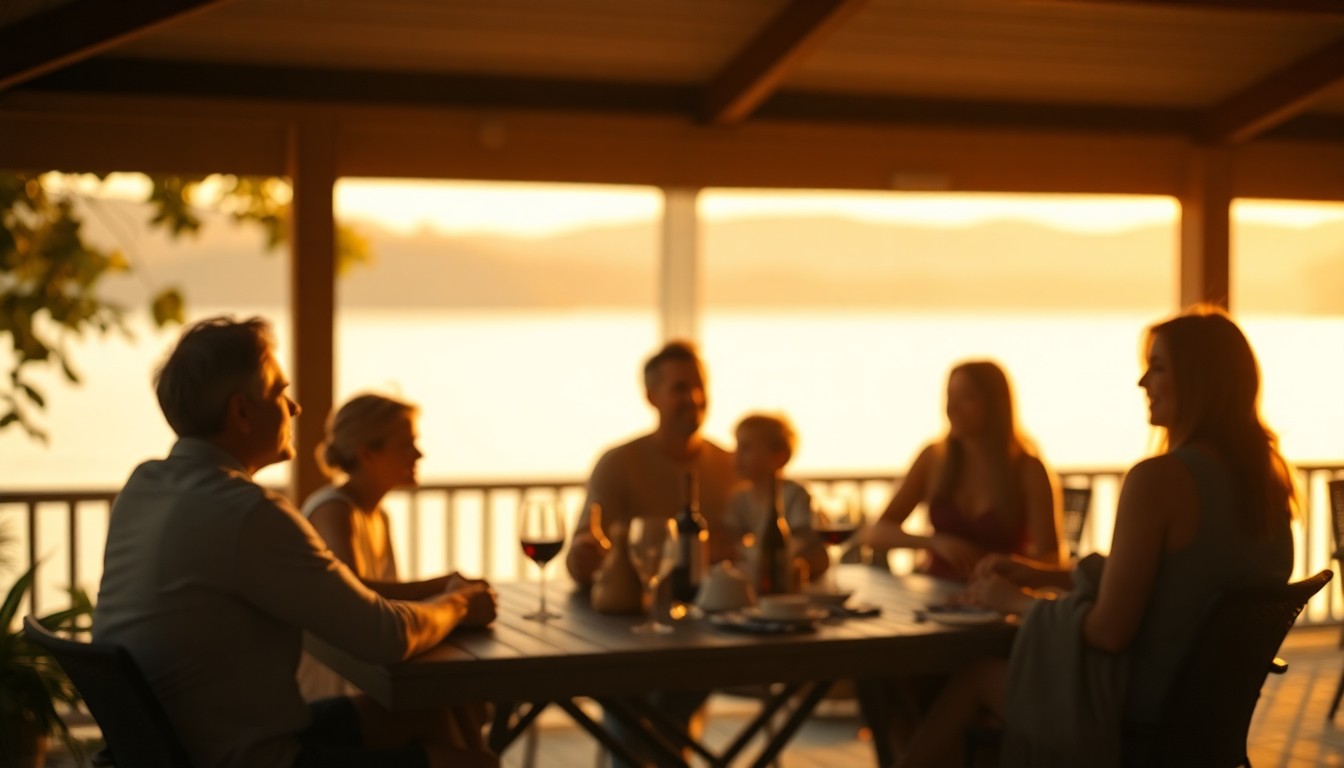 An abstract, impressionistic photograph of a family gathering on a lakeside patio, with soft, blurred shapes and pools of warm light creating an intimate, nostalgic mood.