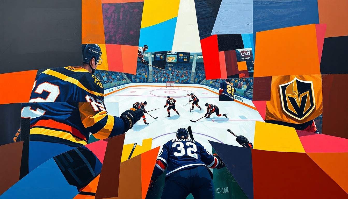 A cubist, geometric painting depicting a fragmented hockey game, with the vibrant colors of the Boston Bruins, Edmonton Oilers, and Vegas Golden Knights uniforms overlapping and intersecting in a dynamic, abstract composition.