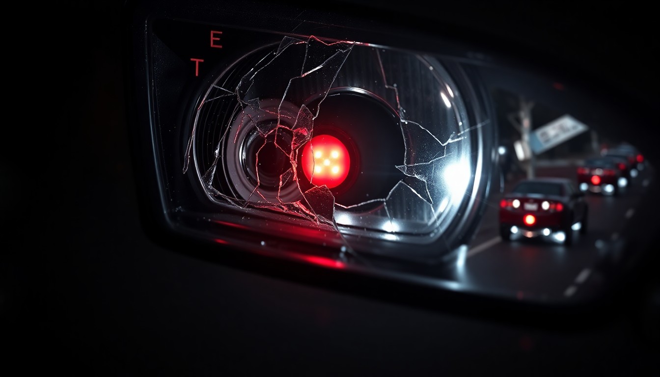 An extreme close-up of a shattered car headlight lens reflecting a faint red glow, conceptually representing the aftermath of a fatal pedestrian crash on a dark highway.