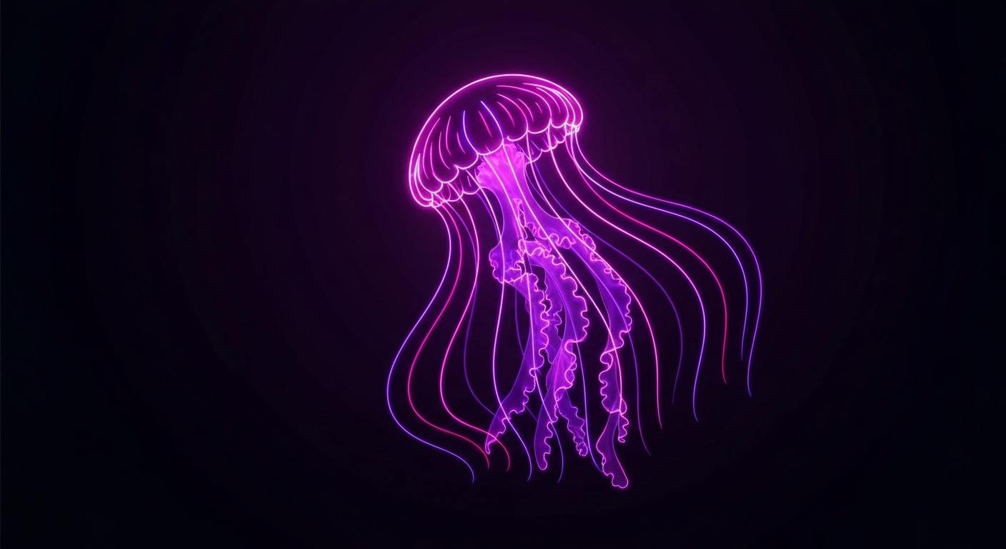 A minimalist design in the style of Keith Haring where the outline of a jellyfish is defined entirely by vibrant neon lines against a deep, dark background, emphasizing the shape and electricity of the stinging creature.