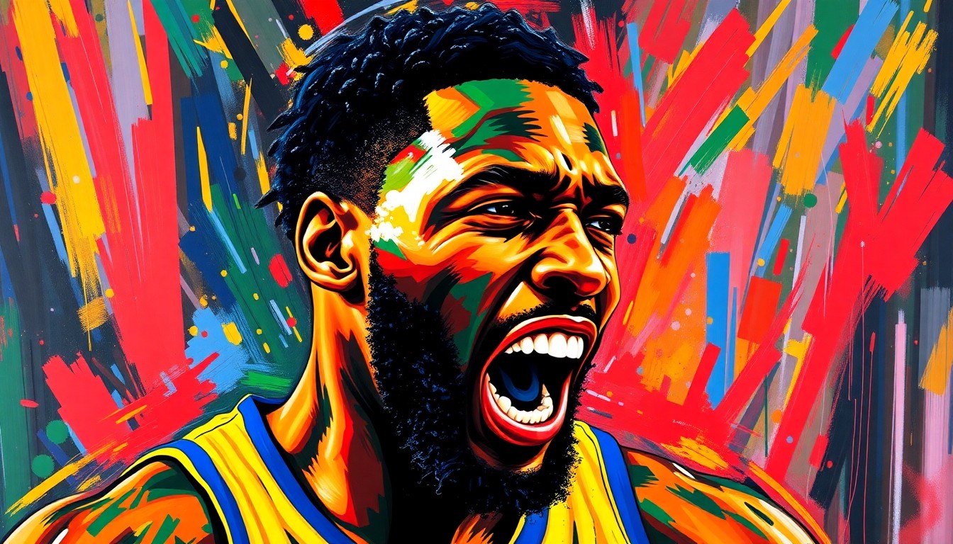 An abstract, energetic painting featuring bold, neon-colored brushstrokes that convey the raw emotion and intensity of Draymond Green's reflections on his long career with the Golden State Warriors.