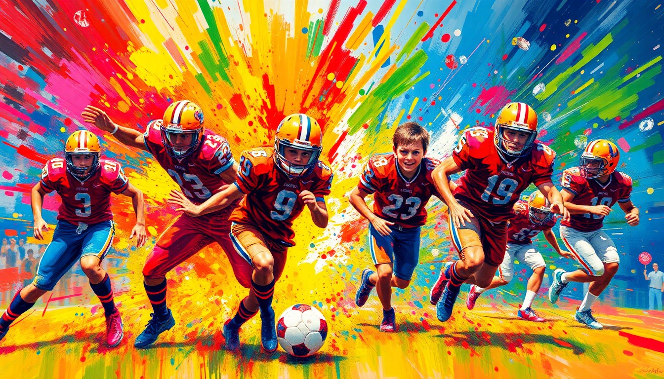 An abstract, energetic painting in neon colors depicting the motion and energy of a youth football match, with players' forms dissolving into expressive brushstrokes.