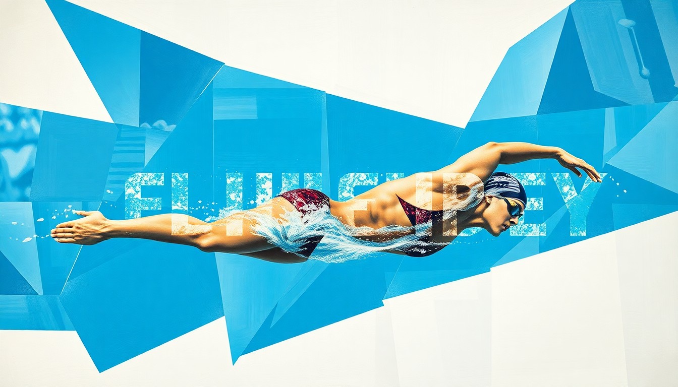 A cubist, geometric painting depicting the fragmented form of a swimmer in motion, with sharp, overlapping planes and shapes capturing the dynamic energy of the sport.