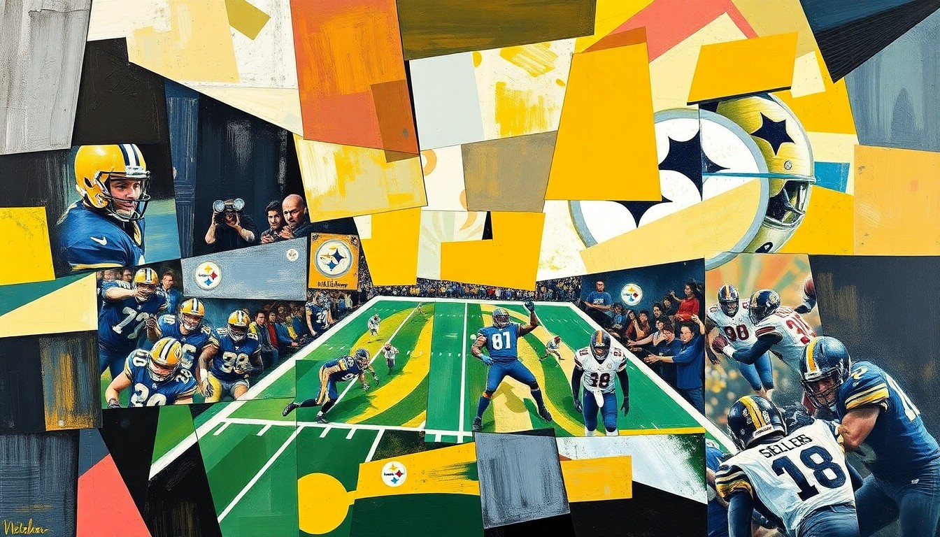 A cubist, geometric painting depicting a football game or match, with sharp, overlapping planes of color and shape representing the dynamic action on the field.