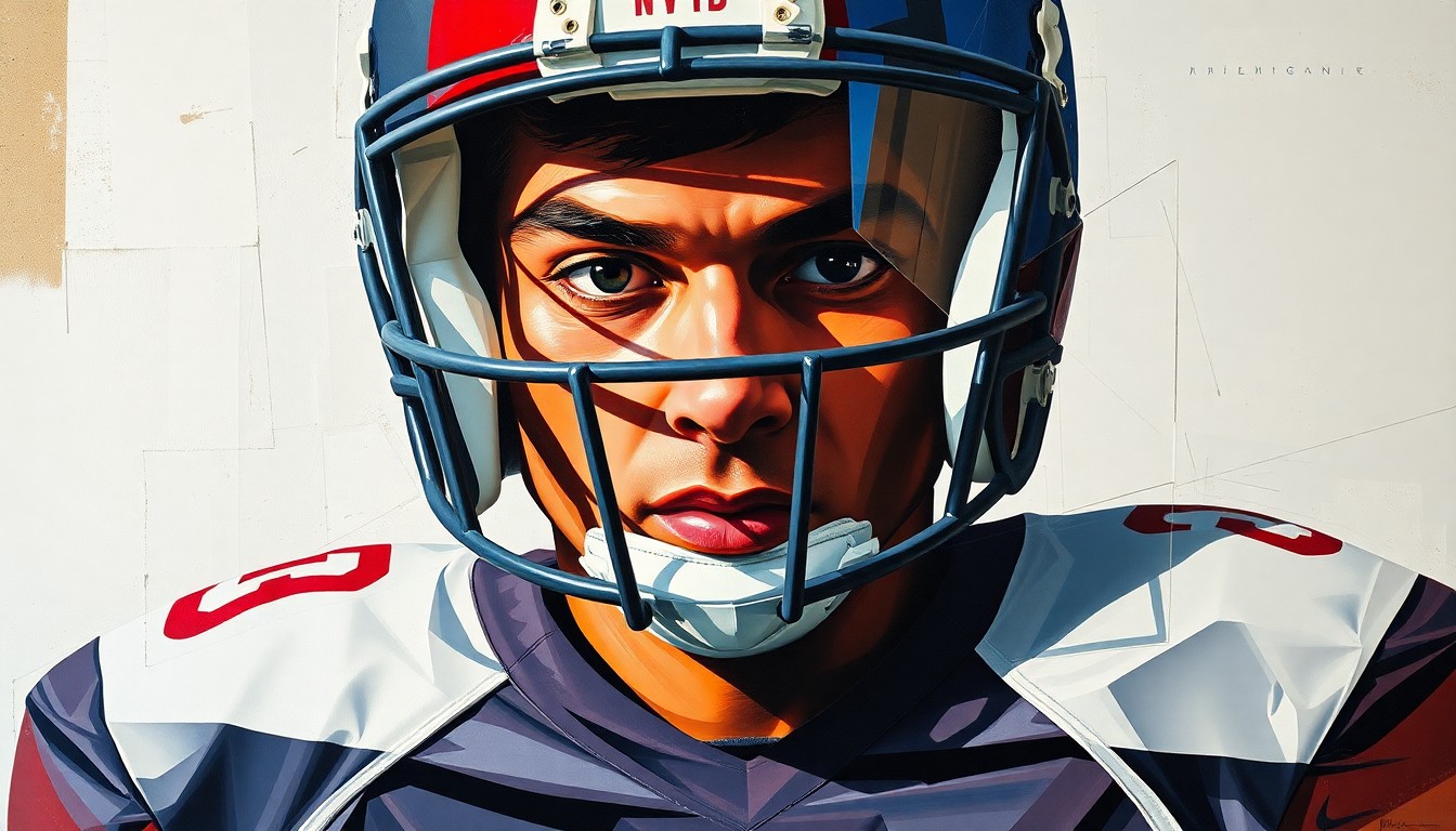 A cubist-style painting depicting a college football player in uniform, with their face obscured by overlapping geometric shapes in the team's colors.