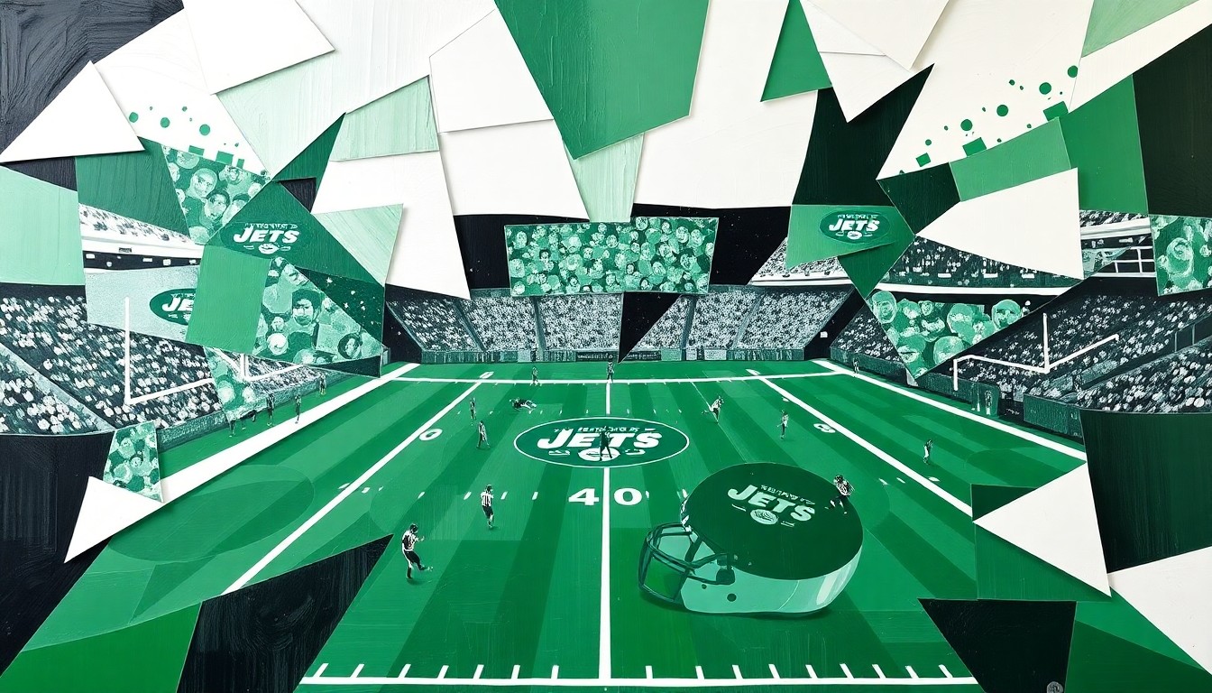 A cubist, geometric painting depicting a fragmented football field with players and equipment broken down into sharp, overlapping shapes in the colors of the New York Jets.