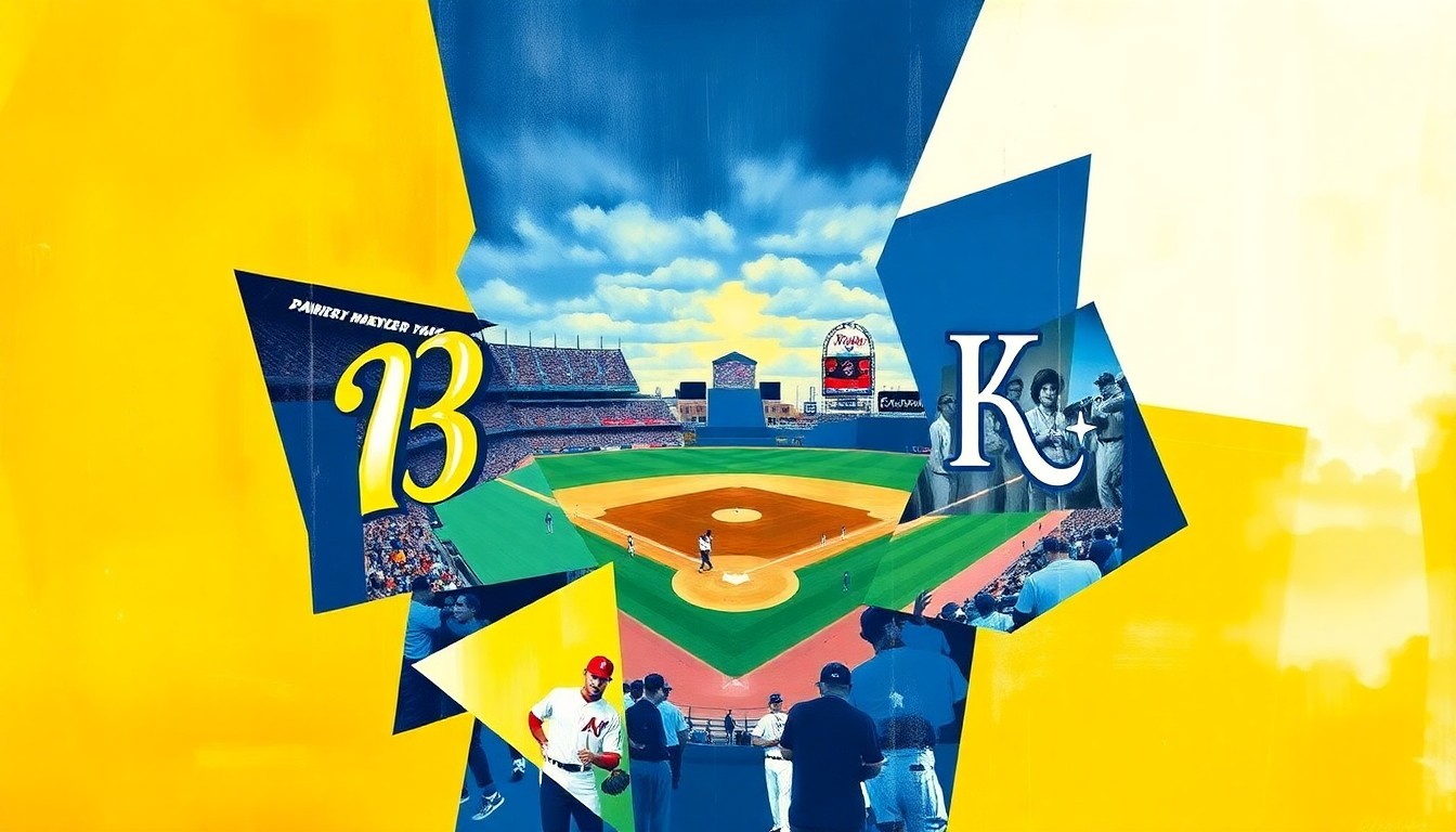 A fractured, multi-perspective painting in vibrant colors of navy blue, gold, royal blue, and white, breaking down a baseball game between the Brewers and Royals into sharp, overlapping geometric planes, conceptually representing the game's dynamic energy and the teams' contrasting styles.