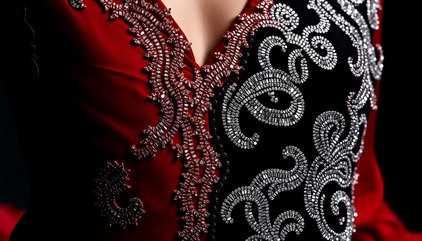 An extreme close-up photograph showcasing the luxurious, high-contrast textures of a flamenco dancer's costume, including rich velvet, sparkling sequins, and metallic embroidery, conveying the inherent drama and emotion of this historic Spanish dance.