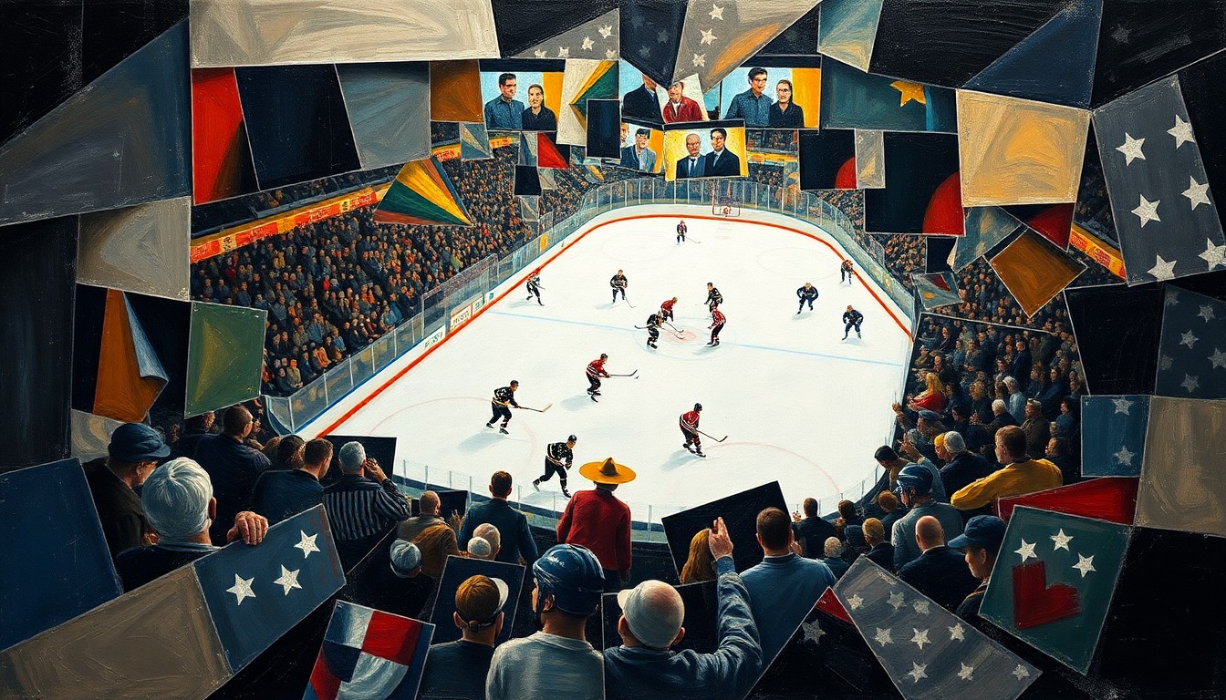 A cubist, geometric painting depicting the moment of a baby's birth high above a hockey rink, with the players and fans below represented as fragmented, abstract shapes in a vibrant color palette.