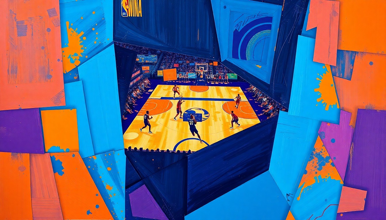 A fractured, cubist-style painting depicting the dynamic movements and energy of a WNBA basketball game, with sharp geometric shapes and vibrant colors capturing the intensity of the sport.