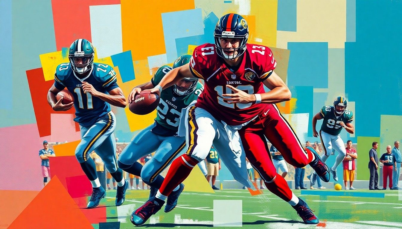 A fragmented, geometric painting depicting a football player's movements on the field, with sharp lines and planes in the colors of the Commanders and Jaguars uniforms, conceptually representing the mental growth and new perspectives gained by the player.