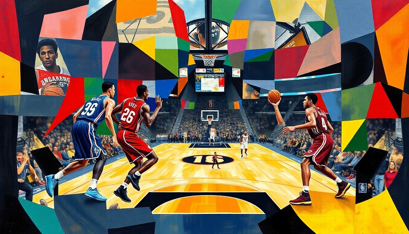 A fragmented, geometric painting depicting the dynamic movements and competitive spirit of a professional basketball game, with the players' forms broken down into sharp, overlapping planes of vibrant color.