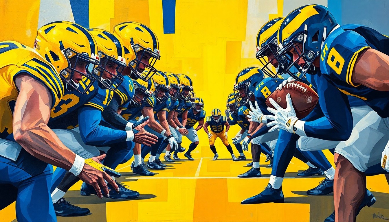 A cubist, geometric painting depicting the Michigan football offensive line in action, with sharp, overlapping planes of maize and blue colors conveying the raw power and energy of the unit.
