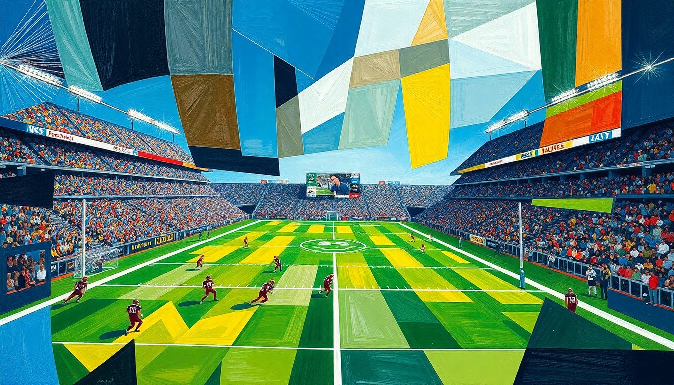 A cubist-style painting depicting a fragmented, geometric interpretation of a football game, with players and field elements broken down into sharp, overlapping shapes and planes, conveying the strategic complexity and dynamism of modern NFL coaching.