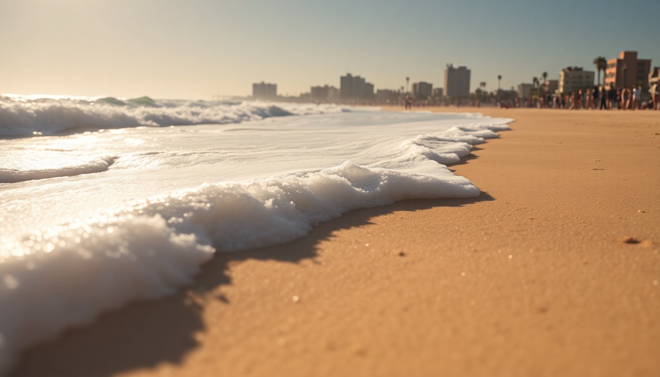 An extreme close-up photograph of the sun-drenched, glistening sand and crashing waves on Venice Beach, capturing the vibrant, glamorous energy of the iconic setting for the Baywatch reboot.