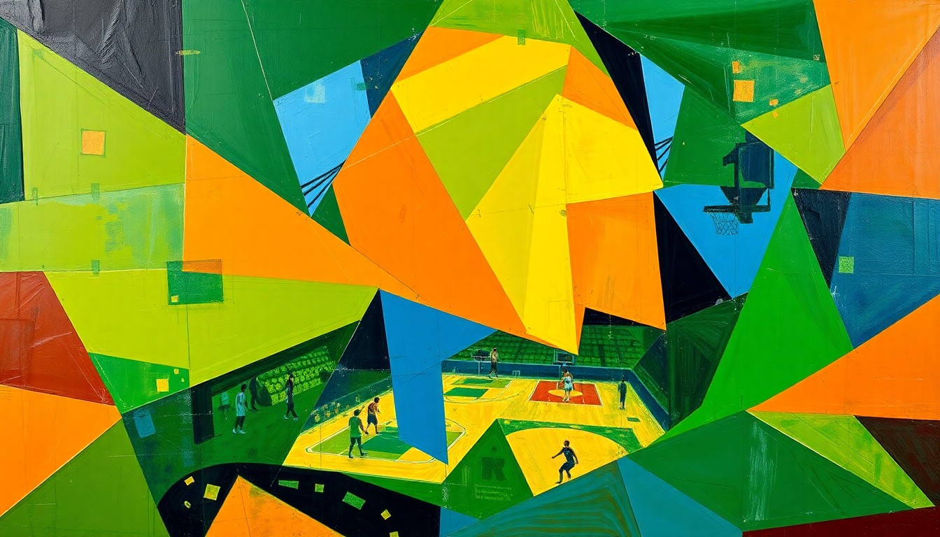 A cubist, geometric painting depicting a fragmented basketball game, with sharp planes of green, orange, and blue overlapping to create a dynamic, abstract representation of the action on the court.