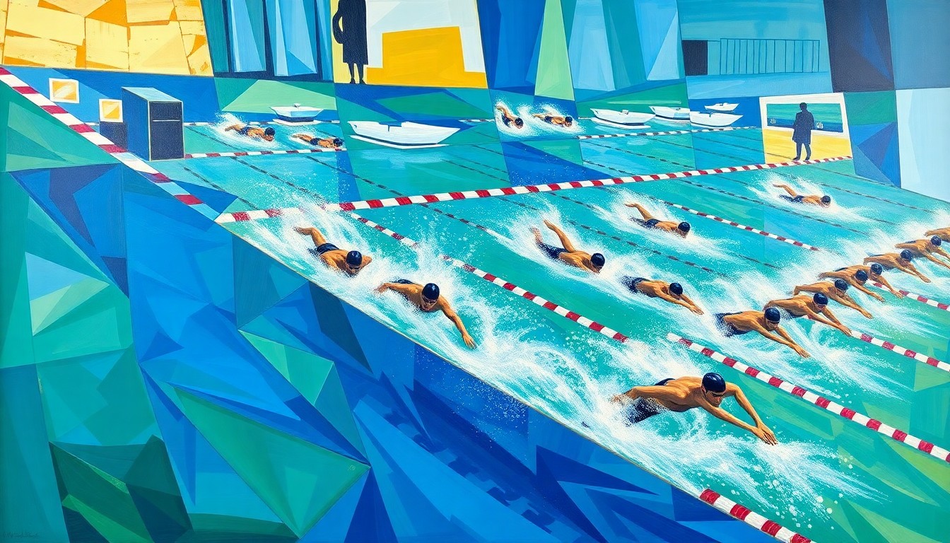 A fractured, geometric painting depicting the dynamic movements and competition of a swimming event, with overlapping planes of vibrant blue, green, and gold hues.
