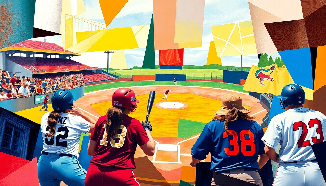 A fractured, geometric painting depicting the dynamic action of a college softball game, with sharp planes of color representing the players, field, and equipment.