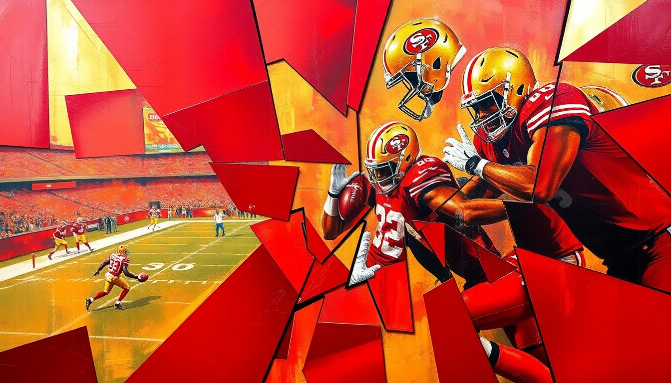 A fractured, geometric painting in shades of red and gold, breaking down a football game or match into sharp, overlapping planes, conceptually representing the multifaceted debate surrounding the 49ers' electrical substation controversy.