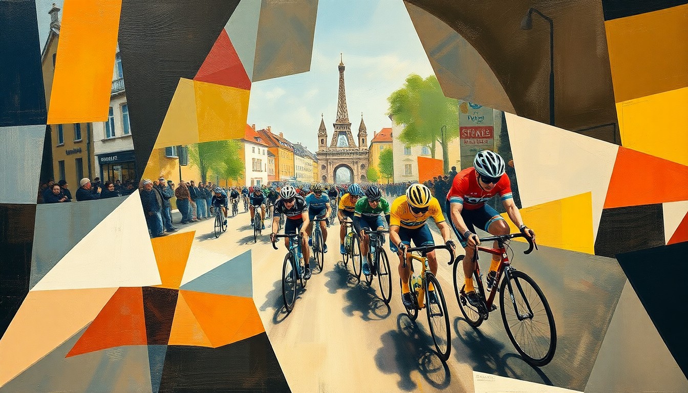 A cubist, geometric painting depicting a Paris-Roubaix cycling race, with the bike and rider broken down into sharp, overlapping planes of color and form, conveying the chaotic and unpredictable nature of the event.
