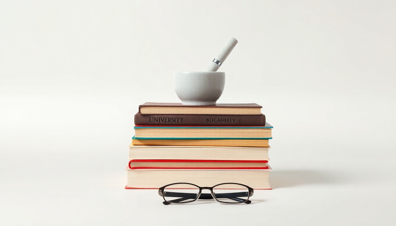A high-end, photorealistic studio still-life photograph featuring a stack of university textbooks, a mortar and pestle, and a pair of reading glasses arranged elegantly on a clean, monochromatic seamless background, conceptually representing the evolving financial and political challenges facing elite universities.