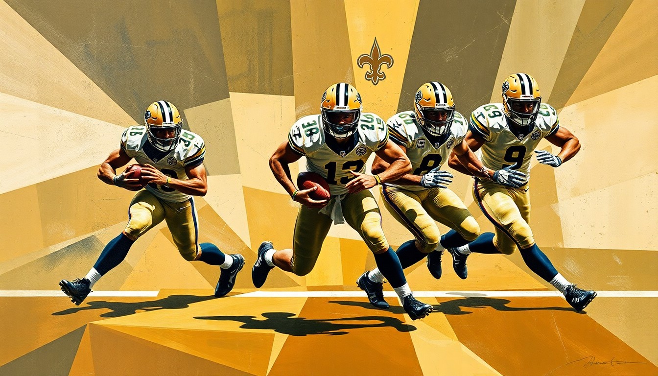 A cubist, geometric painting depicting a Saints running play, with the players' forms abstracted into sharp, overlapping shapes that capture the movement and energy of the action.