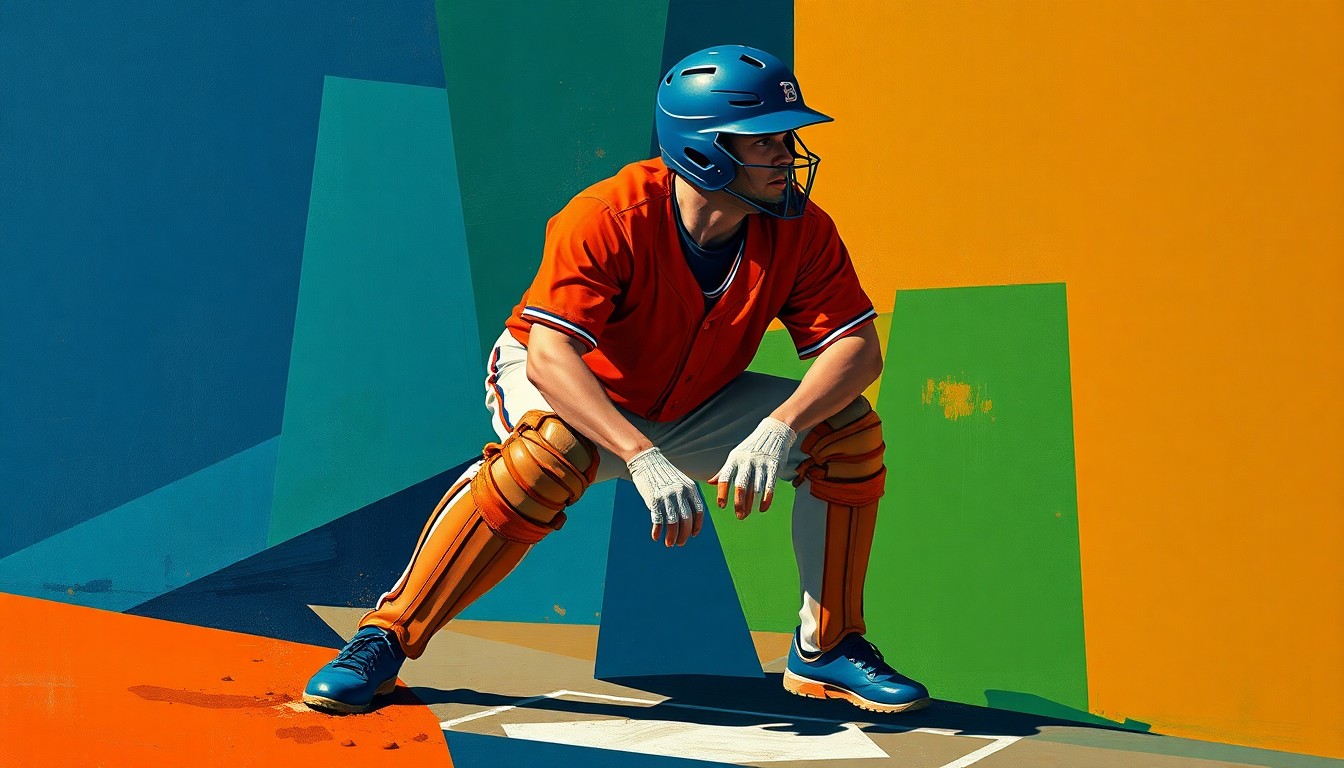 A fractured, geometric painting depicting a baseball catcher from multiple angles, with sharp planes of navy, green, and orange representing the dynamic motion of the game.