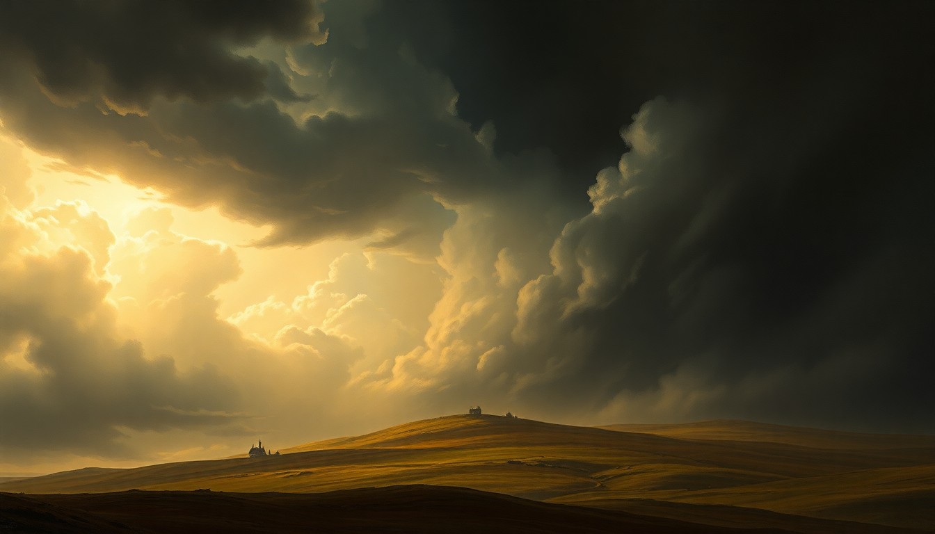 A sweeping, atmospheric landscape painting in muted tones of gray, blue, and green, with a small house or building barely visible in the distance, dwarfed by the dramatic, swirling clouds and turbulent sky above.