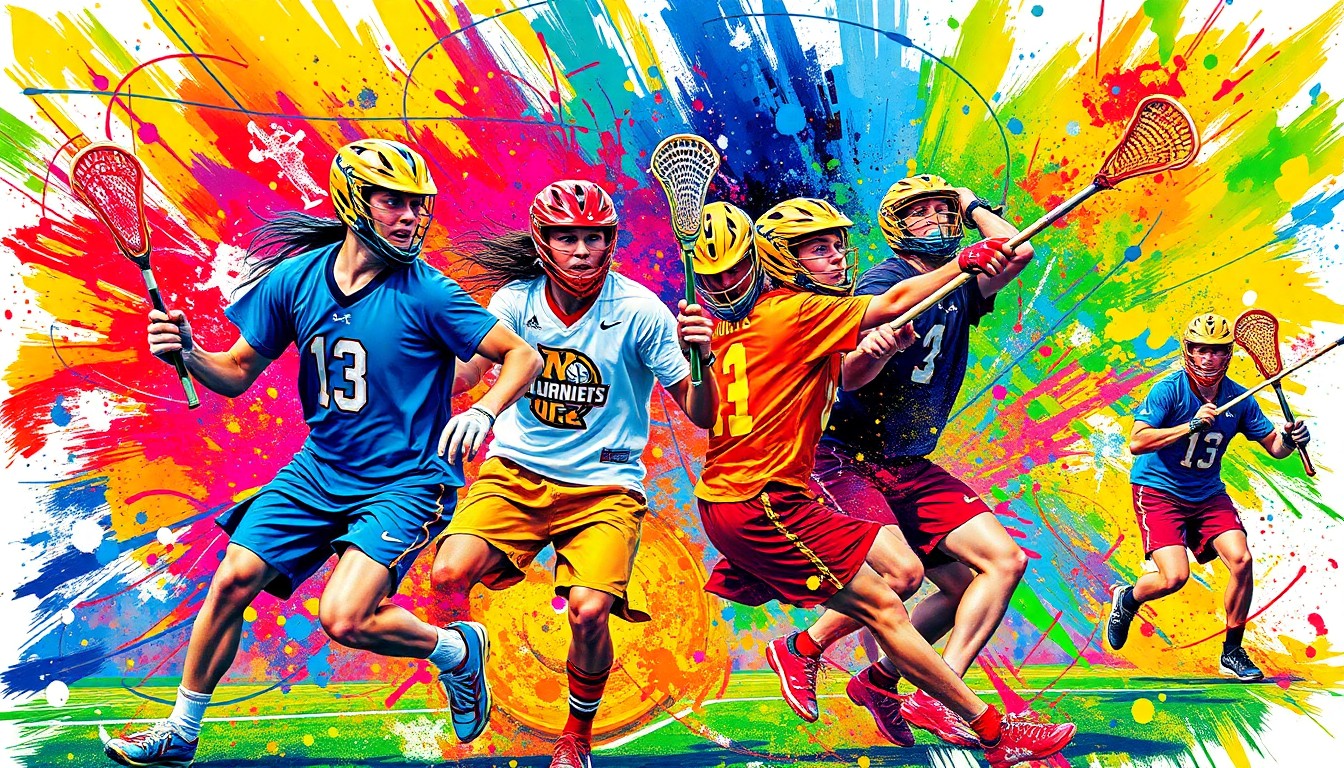 An abstract, expressionist painting in neon colors depicting the dynamic motion and energy of a high-scoring boys lacrosse game, with players' forms dissolving into vibrant brushstrokes.