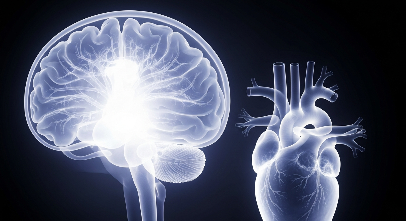 A translucent X-ray photograph revealing the ghostly outlines of a human brain and heart, symbolizing the genetic link between mental and physical health uncovered in a groundbreaking study.