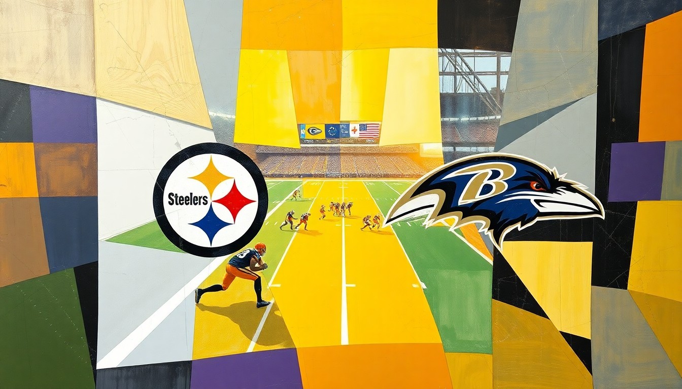 A fragmented, geometric painting depicting a football game or match between the Pittsburgh Steelers and Baltimore Ravens, with sharp, overlapping planes of color and form representing the competitive nature of their rivalry.