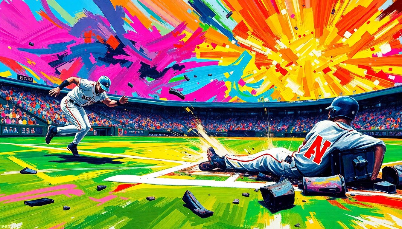 An abstract, energetic painting in neon colors depicting a baseball player sliding into home plate, with the shattered remains of a statue in the foreground, conveying the disappointment and energy of the damaged statue unveiling.