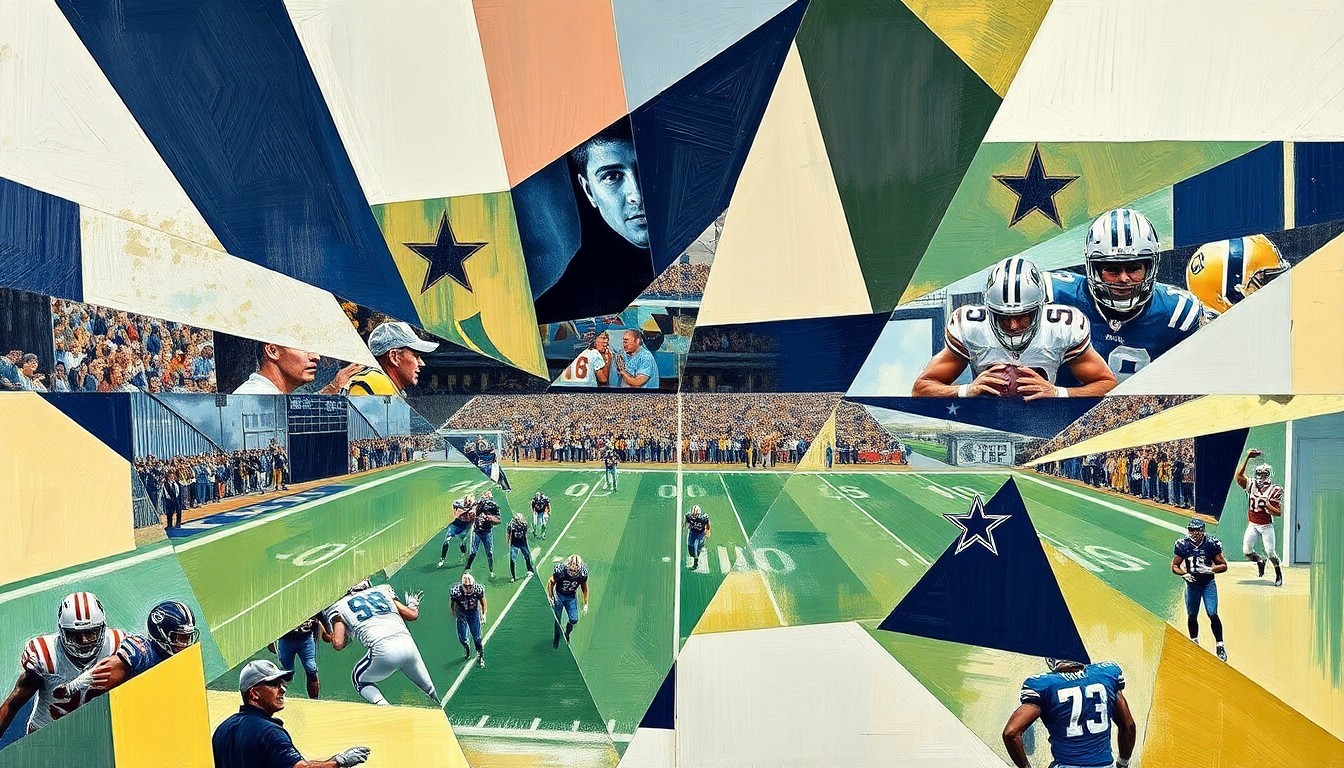 A cubist, geometric painting depicting a fragmented, multi-angled view of a Dallas Cowboys football game, with sharp, overlapping planes of color and form representing the complex decisions facing the team's front office.