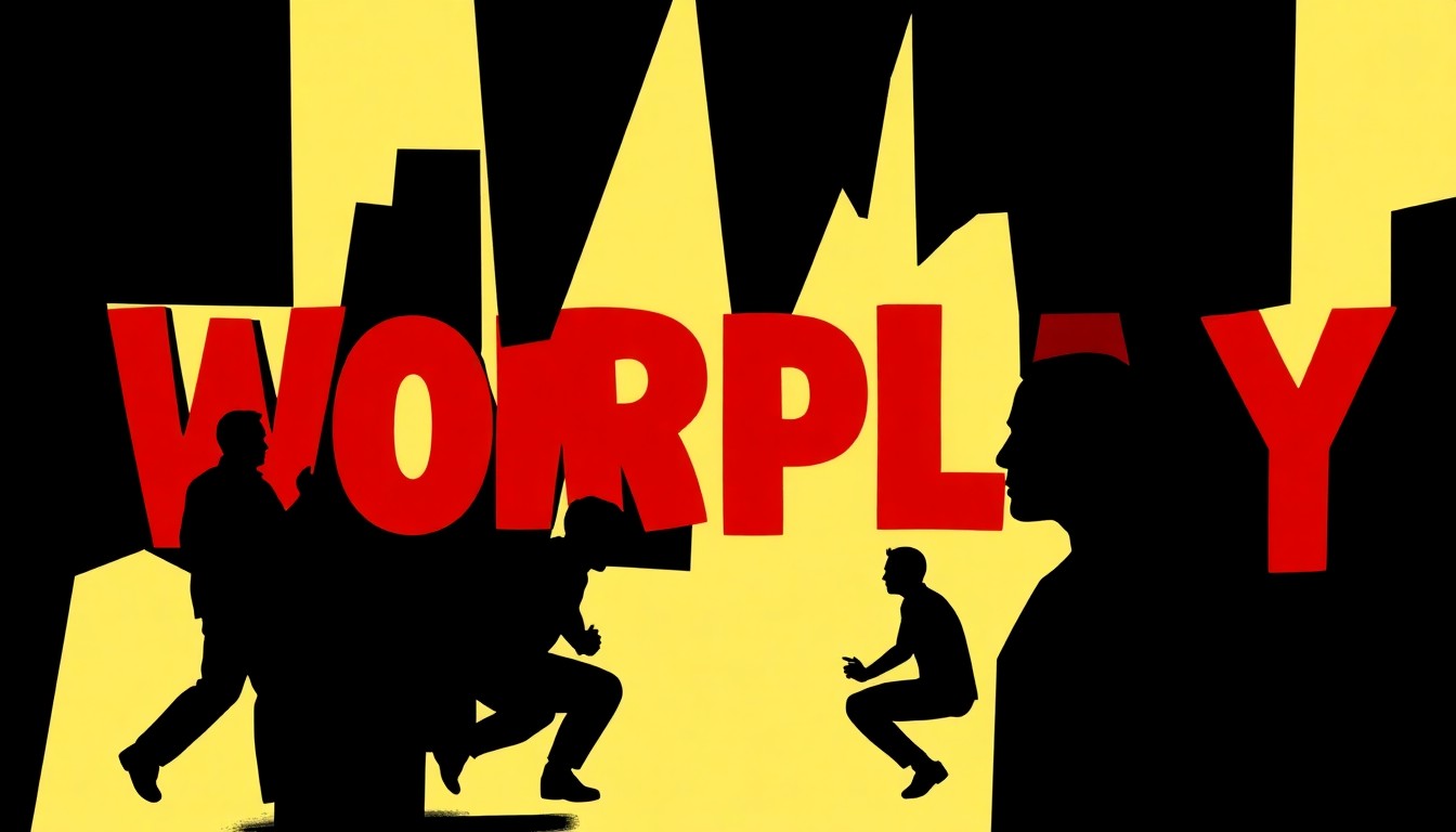 An abstract, minimalist composition featuring bold, jagged shapes and heavy black silhouettes, conceptually representing the themes of wordplay, creativity, and the intertwining of disparate concepts.