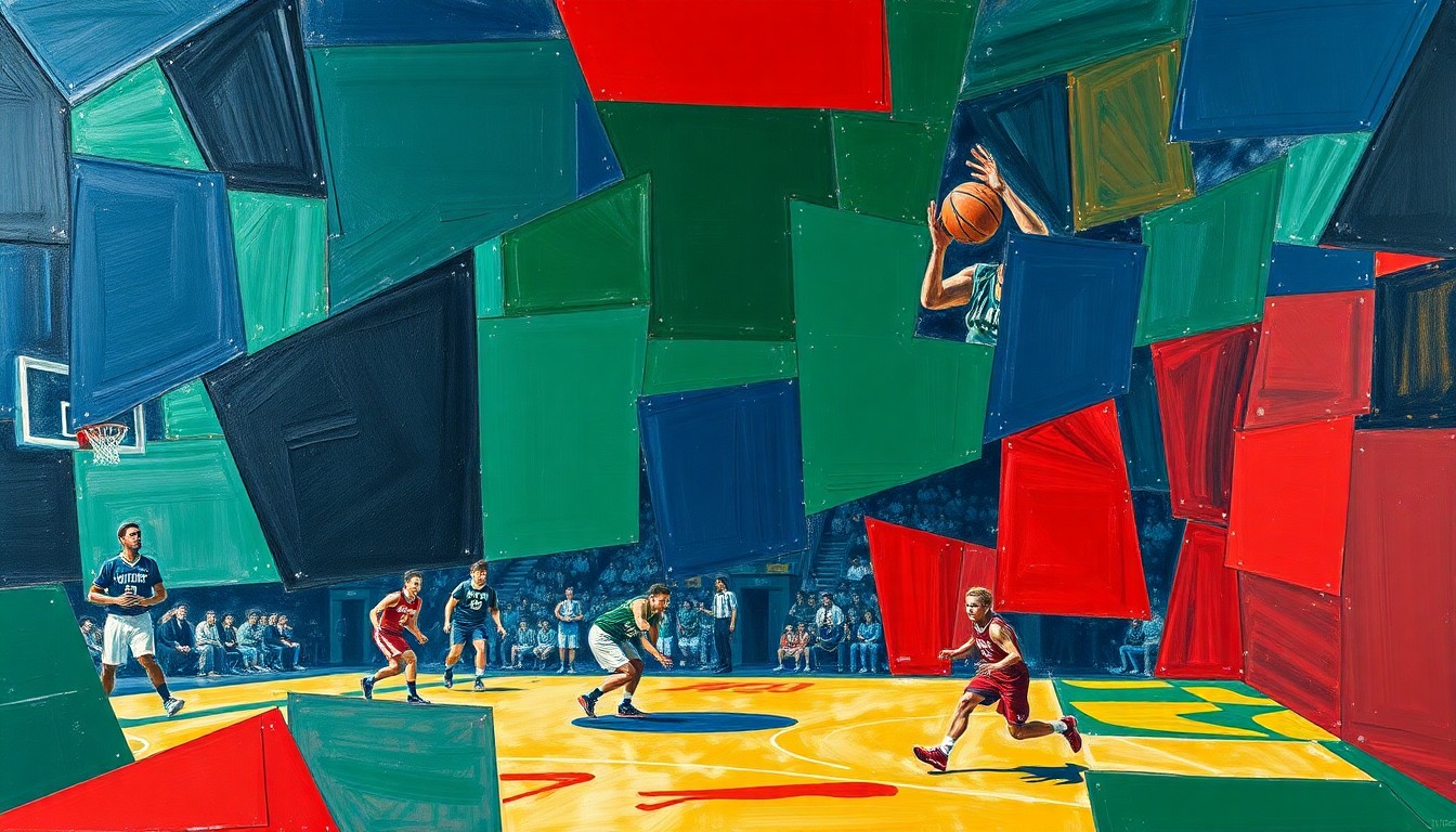 A fragmented, cubist-style painting depicting the chaotic energy and overlapping perspectives of a high school sports competition, rendered in a palette of deep blues, greens, and reds.