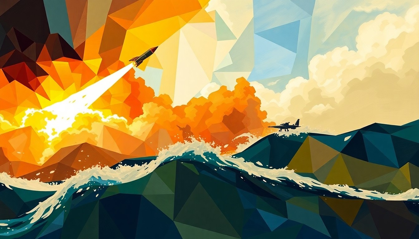 A dynamic, abstract painting of overlapping, fractured geometric shapes in shades of red, orange, and gray, conveying the intense, fast-paced nature of the conflict between Hezbollah and Israel.