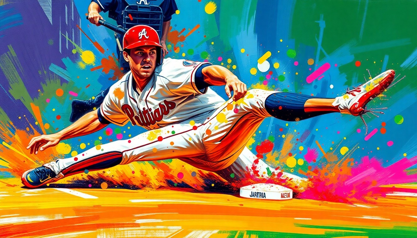 An abstract expressionist painting in vibrant neon colors, depicting the blurred motion and energy of a baseball player sliding into a base, with the player's features and uniform dissolving into colorful brushstrokes.