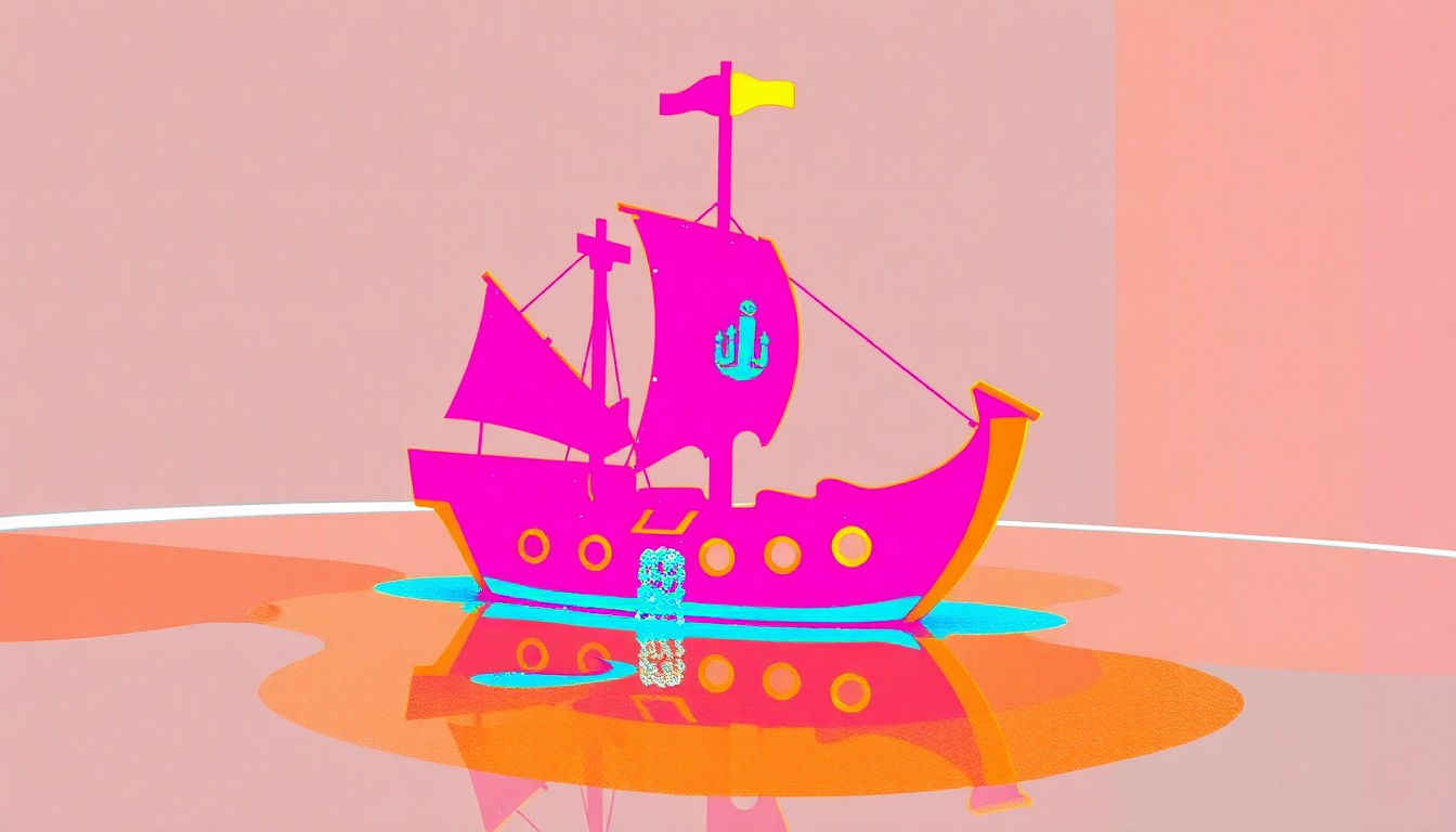 A brightly colored, high-contrast silkscreen print featuring a repeating pattern of a pirate ship water feature from a community splash pad, rendered in vibrant neon hues and heavy black outlines to capture the playful, whimsical spirit of the park.