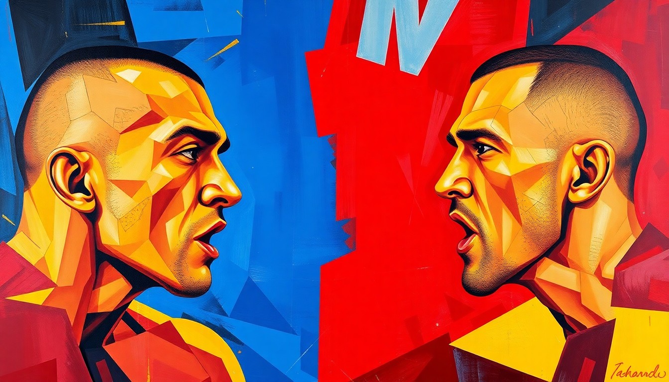 A cubist, geometric painting depicting the intense action and energy of the UFC 328 middleweight title fight between Khamzat Chimaev and Sean Strickland, with sharp, overlapping planes of vibrant red, blue, and yellow colors.