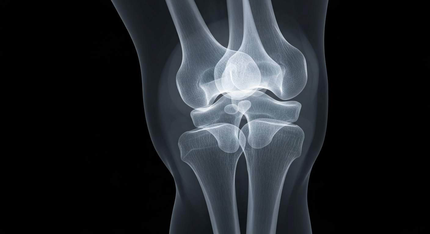 An ethereal, X-ray-like image of a human knee joint, with the bones and cartilage structures visible as glowing, ghostly lines against a dark background, conceptually representing the medical focus of the CJR-X model.