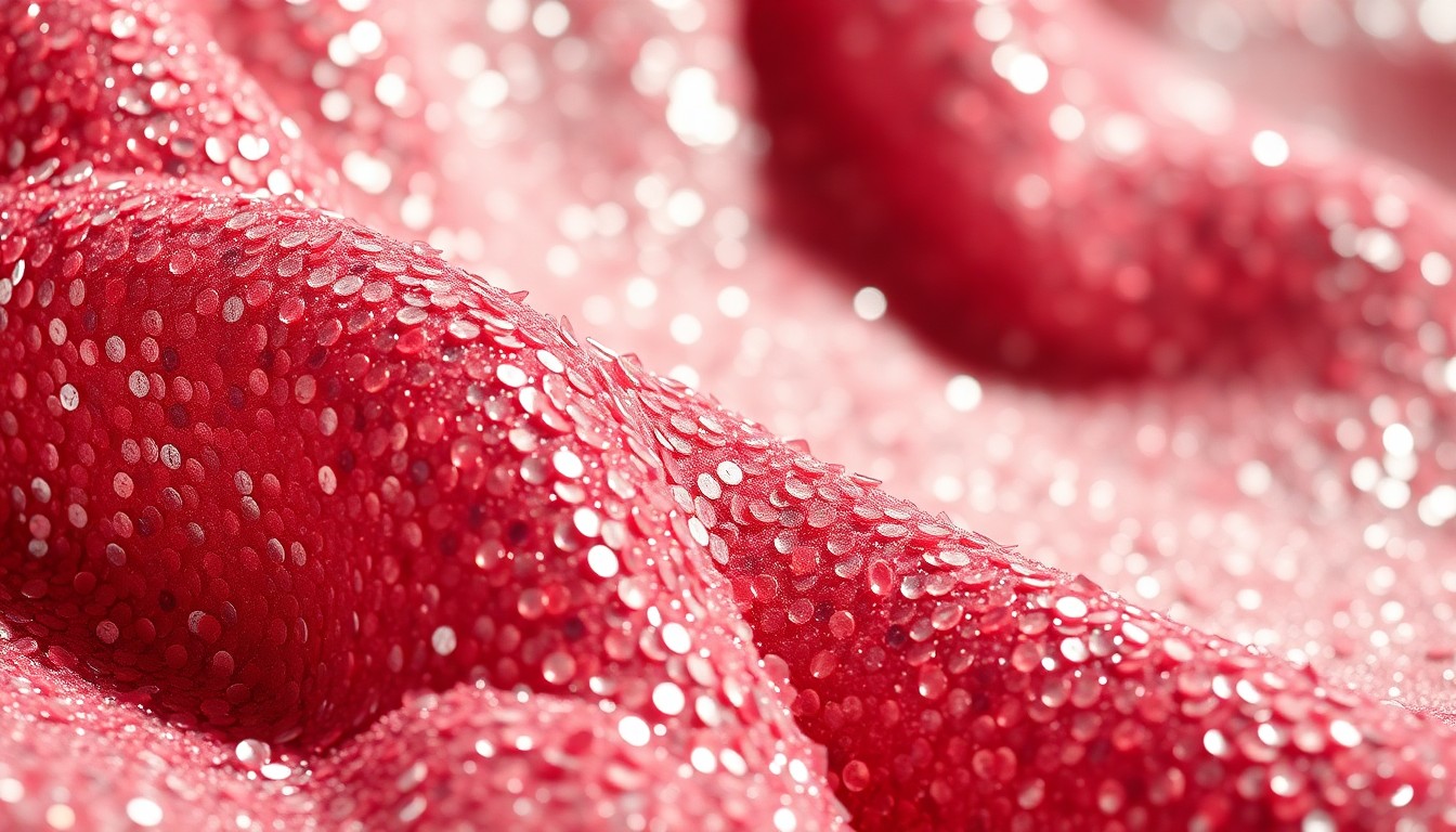 An extreme close-up of shimmering, glittering sequins reflecting dramatic studio lighting, conceptually representing the glamour and excitement of celebrity-focused television programming.