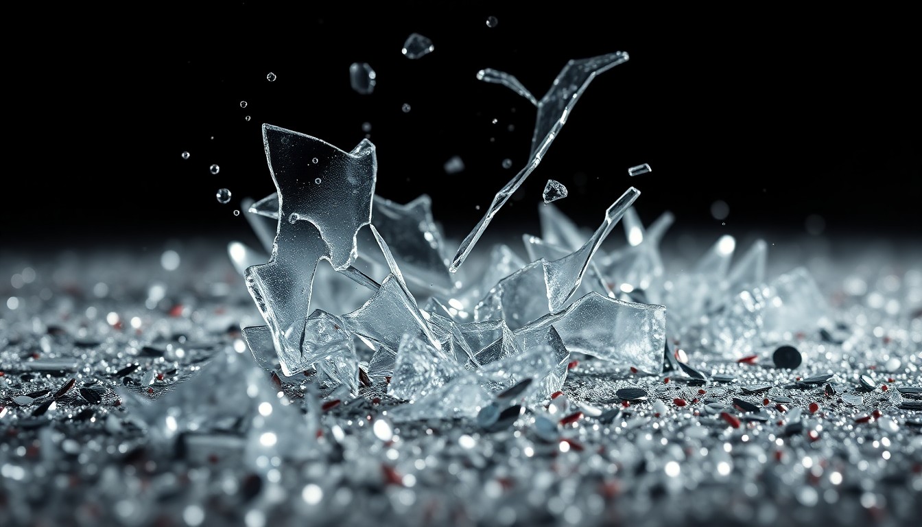 An abstract close-up image of shattered glass and glittering sequins, captured in dramatic high-contrast studio lighting to convey the emotional complexity of a high-profile breakup.