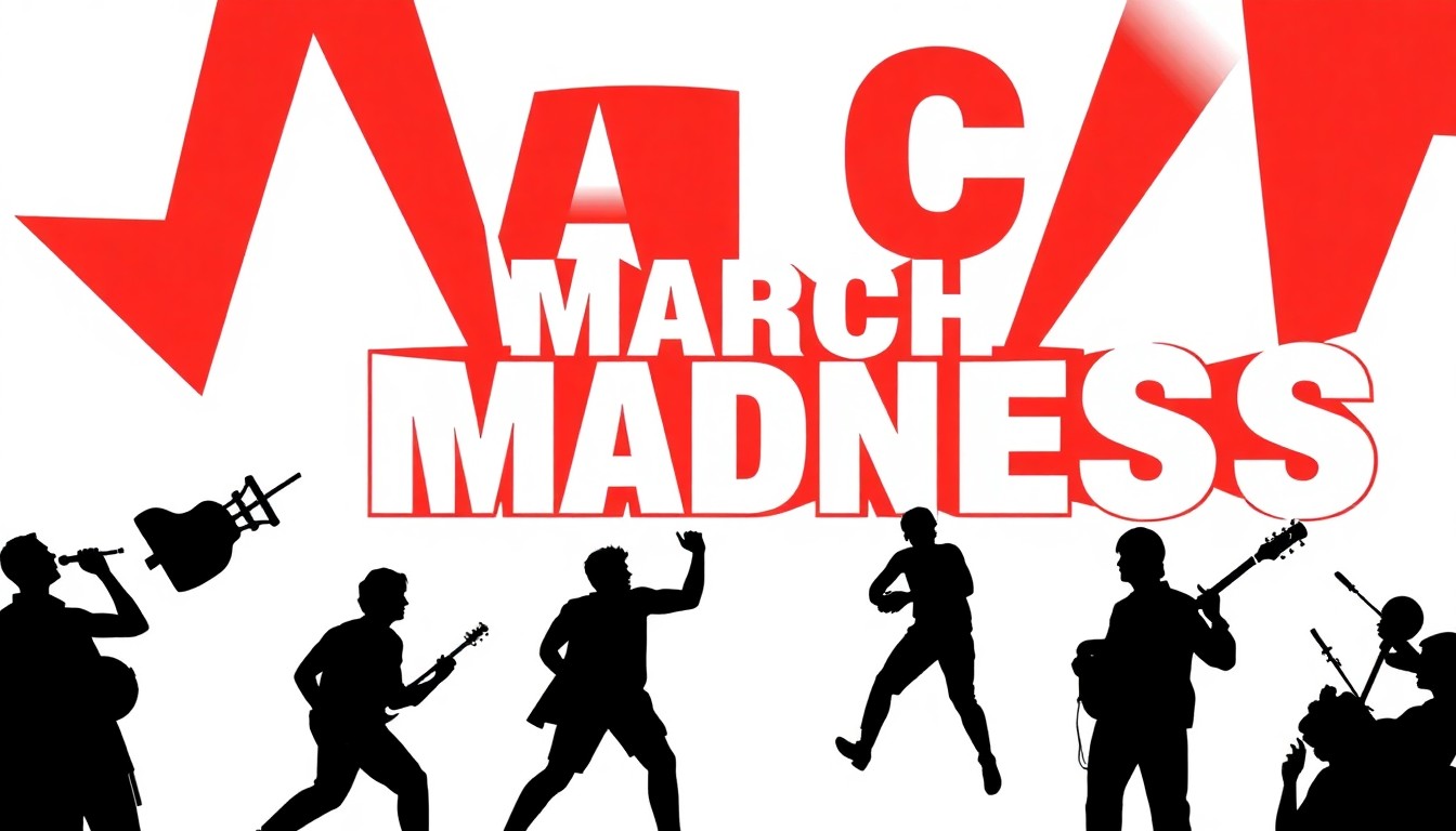 An abstract, minimalist composition of jagged geometric shapes in bold red and black, conceptually representing the intersection of sports and music at a major event like March Madness.