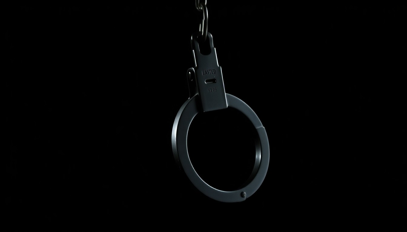 An extreme close-up of a metal handcuff against a dark background, creating a stark, gritty, and investigative visual metaphor for a criminal investigation.