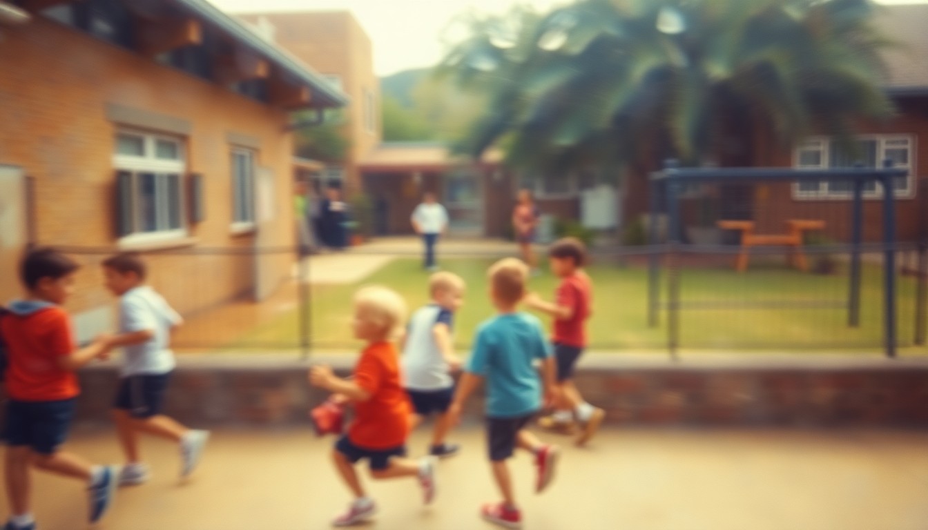 An extremely abstracted, out-of-focus photograph in warm tones, depicting a blurred scene of children playing on a school playground, capturing the mood and energy of the back-to-school season.