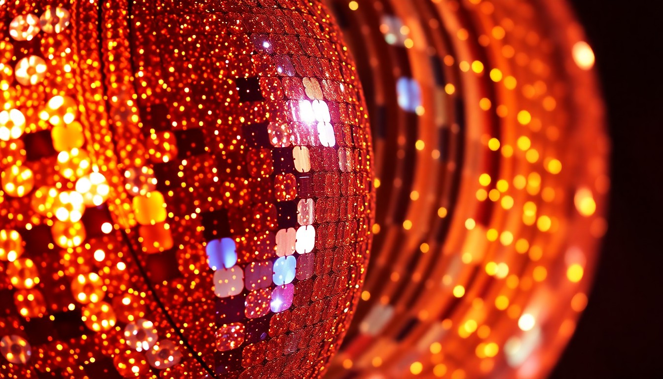 An abstract close-up photograph of shimmering, glittering textures in high-contrast studio lighting, conceptually representing the energy and glamour of a major music festival performance.